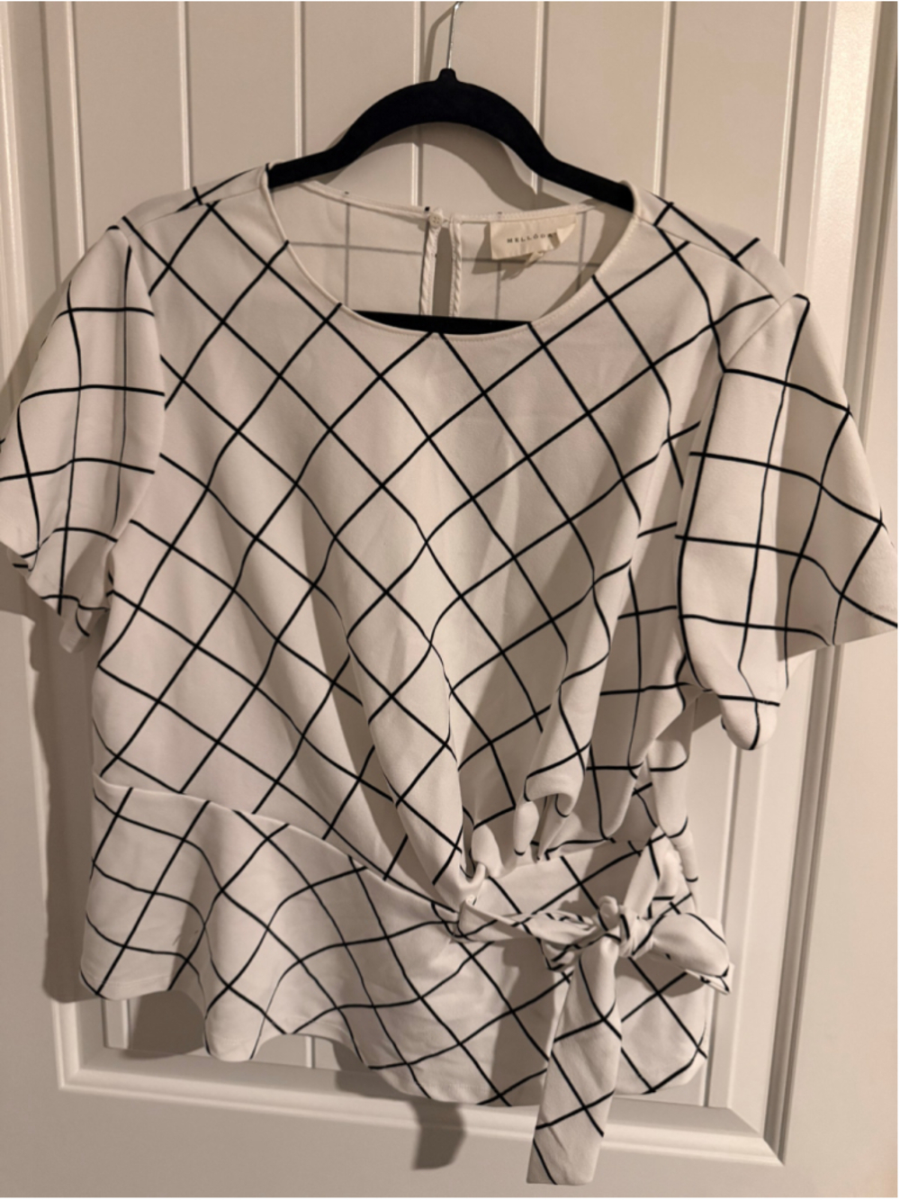 MELLODAY 1X Black & White Windowpane Grid Tie-Waist Peplum Top